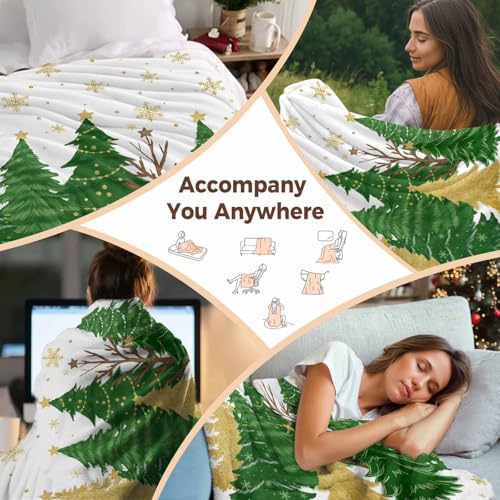Christmas Tree Throw Blanket, Snowflakes Winter Xmas Super Soft Warm Flannel Blankets for Bed Couch Sofa Green Gold Tree Stars Lightweight Fluffy Plush Bed Throws 50x60 Inch - color: Green White, size: 50''x60''