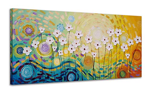 Yihui Arts Hand Painted Textured Floral Oil Painting on Canvas, Vibrant Abstract White Flower Wall Art with Colorful Swirls, Modern Home Decor for Living Room Bedroom - color: Colorful Flower Art, size: 40"L x 20"W