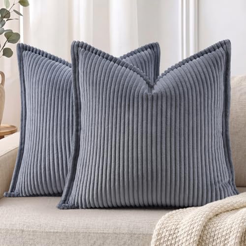 Mecatny Corduroy Decorative Throw Pillow Covers 16x16 Set of 2 Blue Grey | Soft Striped Texture, Broadside Design, Neutral Boho Square Pillow Cases for Sofa Couch Living Room Bedroom, Home Décor - color: Blue Grey, size: 16" x 16" (Pack of 2)