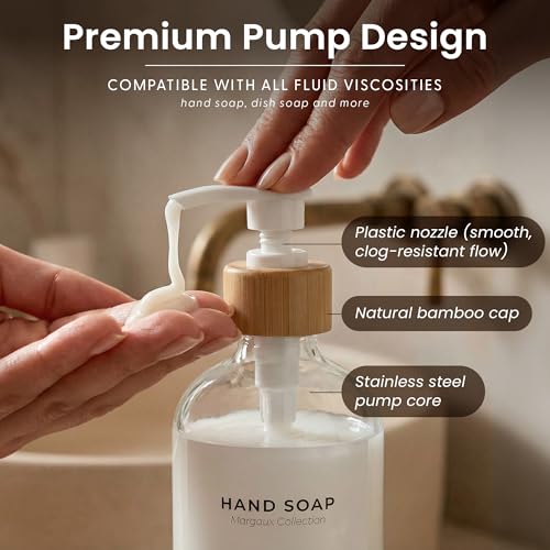 MaisoNovo Glass Dish Soap Dispenser for Kitchen Set of 2-16.9oz Clear Dish and Hand Soap Dispenser Set for Kitchen - Clear Glass Bottles x 2 with White Bamboo Pumps & Tray - color: Clear Bottles/White Bamboo Pumps