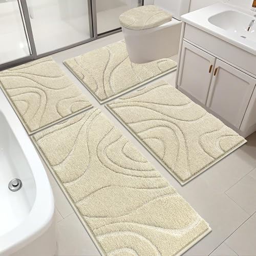 HEBE Bathroom Rugs Sets 5 Piece, Non Slip Washable Absorbent Bath Mat Set | Super Soft Plush Microfiber Bathroom Mats with Runner Set, Solid Bathmat with U-Shaped Toilet Rug Cover Set for Tub, Shower - color: Light Beige, size: 18"x26"+20"x32"+20"x48"+U20