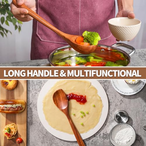 Gudamaye 13 inch Long Wooden Spoons for Cooking, 9 PCS Natural Teak Wooden Kitchen Utensil Set with Utensils Holder Made of Australia Camphor Laurel Wood，Wooden Utensils for Cooking - size: 10 PCS Long Handle with Holder