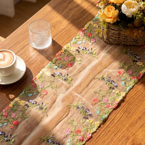 Embroidered Lace Table Runner Spring Summer Floral Tulle Trim Table Runner Flowery for Easter Home Kitchen Dining Wedding Party Indoor Decoration(13 x 36 Inch) - size: 13 x 36 inches