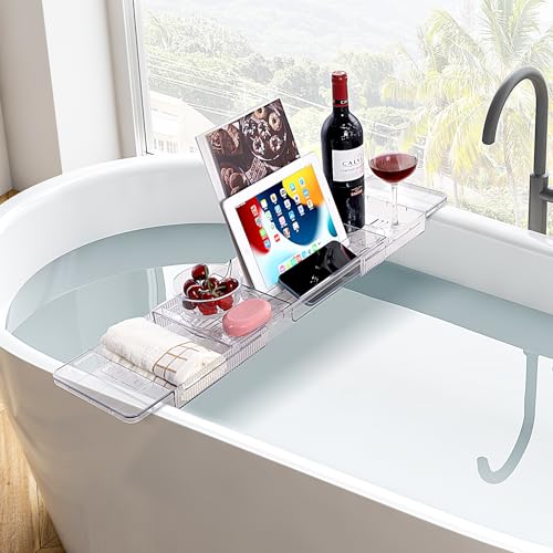 HOMEE Acrylic Expandable Bathtub Caddy Tray, Bath Tub Board for Bathroom | Adjustable Bath Tub Tray Table Organizer Fit Most Tubs for Storage Toiletries, Ideal for Home Spa, Bathroom Organization