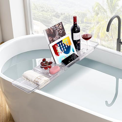 HOMEE Acrylic Expandable Bathtub Caddy Tray, Bath Tub Board for Bathroom | Adjustable Bath Tub Tray Table Organizer Fit Most Tubs for Storage Toiletries, Ideal for Home Spa, Bathroom Organization