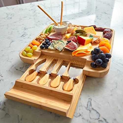 Bamboo Cheese Board and Knife Set with Slide-Out Cutlery Drawer | Charcuterie Boards Set & Cheese Platter - Birthday Gifts for Women, Wedding Gifts for Couples , Bridal Shower Gifts - style: Cheese Board Set2