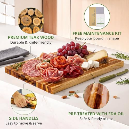Large Teak Wood Cutting Board with Hand Grip (22x16x1.25", L) | Large wooden cutting boards for kitchen, wood chopping board, butcher block, charcuterie board for serving. Gift box included - size: 20"L x 15"W