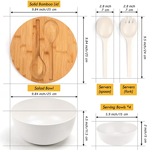 ShineMe Salad Bowl Set, 9.8inches Large Salad Bowl with Lid, Bamboo Salad Serving Bowl with 4pack Small Snack Bowls and Servers(Fork & Spoon) for Mixing Salad, Vegetables and Pasta(White) - color: White