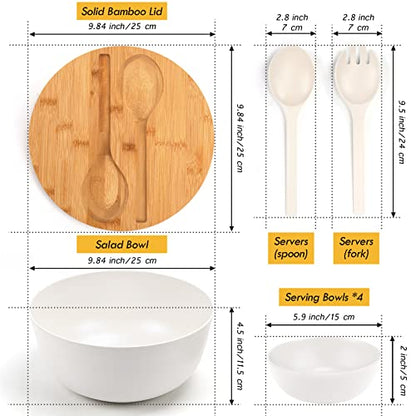 ShineMe Salad Bowl Set, 9.8inches Large Salad Bowl with Lid, Bamboo Salad Serving Bowl with 4pack Small Snack Bowls and Servers(Fork & Spoon) for Mixing Salad, Vegetables and Pasta(White) - color: White