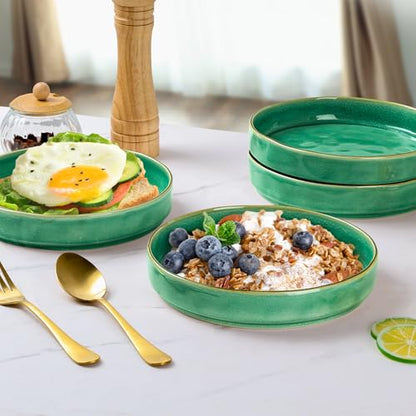 E-far Pasta Bowls Set of 4, 30oz Shallow Salad Bowls for Dinner Serving, 8.25" Stoneware Ceramic Bowl Plates for Noodle Soup, Microwave & Dishwasher Safe, Reactive Glaze, Green - color: Green