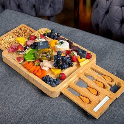 Bamboo Cheese Board and Knife Set with 2 Slide-Out Cutlery Drawers | Charcuterie Boards Set & Cheese Platter - Ideal Anniversary, Wedding and Housewarming Gift - style: Large Cheese Board Set