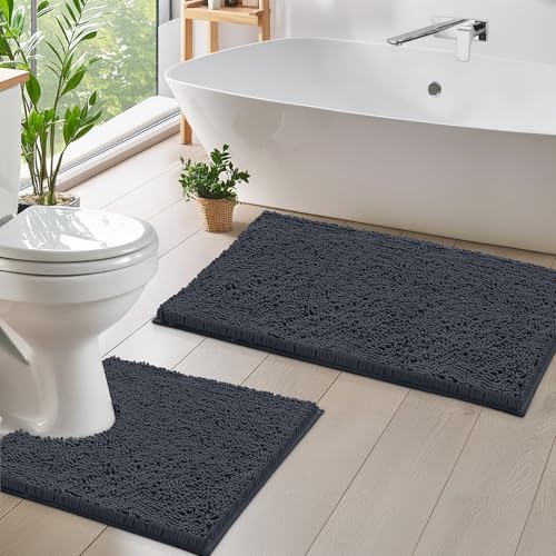 LuxUrux Bathroom Rug Set 2 Piece, Soft Absorbent Cheinlle Microfiber Bath Mat with Contour Toilet Rug, Non-Slip, Machine Wash Dry, Plush Shaggy Mats for Bathroom (20"x 30"+20"x 20" U-Shaped Charcoal) - color: Charcoal, size: 2 Piece Set