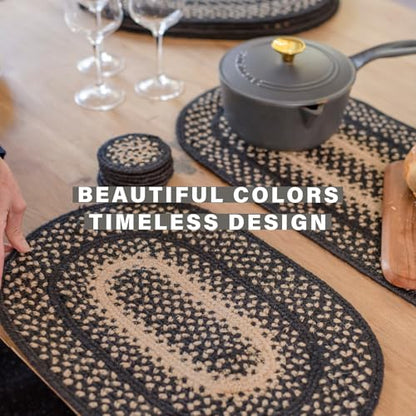 Homespice Manchester Jute Braided Placemats, Rect 13x19 Set of 6 | Black and Tan Protects Tabletop in Style, Rich Colors, Reversible, Durable and Easy to Clean - color: Manchester
