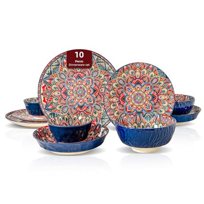 Boho 10 Pieces Dinnerware Sets, Plates and Bowls Set, Porcelain Dishes Set for 2, Microwave and Dishwasher Safe, Scratch Resistant, Bohemian Style Dining Ware, Blue - color: Blue
