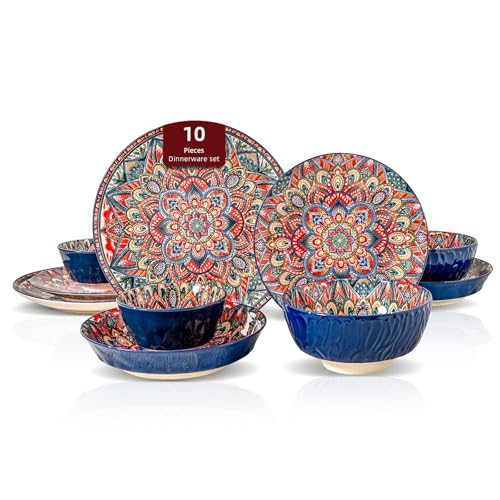 Boho 10 Pieces Dinnerware Sets, Plates and Bowls Set, Porcelain Dishes Set for 2, Microwave and Dishwasher Safe, Scratch Resistant, Bohemian Style Dining Ware, Blue - color: Blue