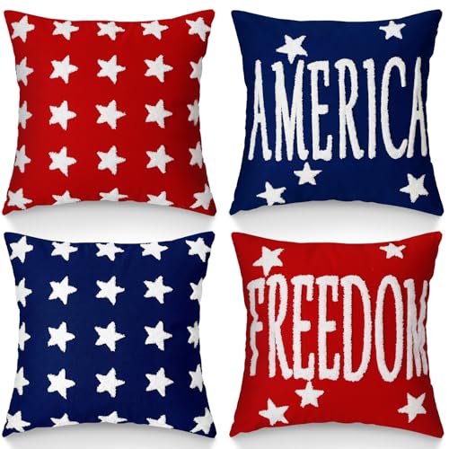 Fourluoo 4 Pcs 4th of July Pillow Covers 18x18 Patriotic America | Soft Plush Faux Fur Cushion Cases, Red White Blue Patriotic Decor, America Freedom Jacquard Weave for Sofa Couch - style: Patriotic