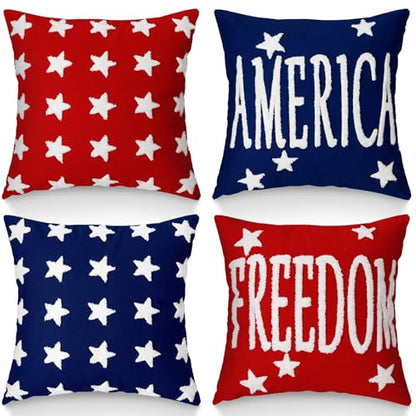 Fourluoo 4 Pcs 4th of July Pillow Covers 18x18 Patriotic America | Soft Plush Faux Fur Cushion Cases, Red White Blue Patriotic Decor, America Freedom Jacquard Weave for Sofa Couch - style: Patriotic