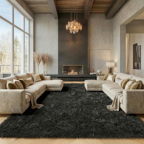 Black Area Rugs 9x12 Living Room, Large Fluffy Shag Bedroom Rug, Soft Plush Thick Shaggy Big Floor Carpet for Kids Boy and Girls Teen Dorm Nursery Indoor Home Decor Aesthetic - color: Black, size: 9' x 12' (Rectangular)