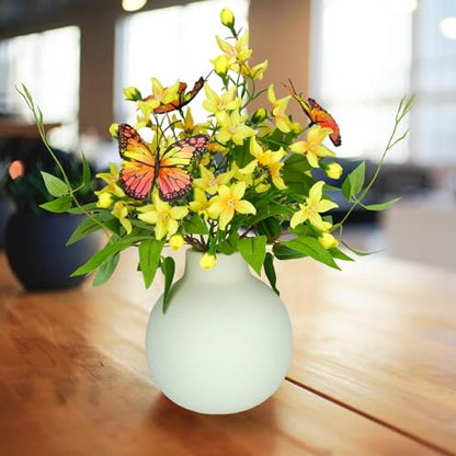 HOSY Freesia Bouquet in Ivory Ceramic Vase, Artificial Flower Arrangements | Silk Flower & Butterfly, Table Centerpiece Decoration, Display Size 10" High & 13.5" Wide, No Upkeep