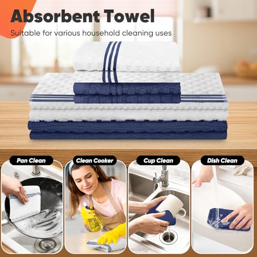 Oven Mitts Kitchen Towels and Dishcloths with Pot Holders Sets, Oven Gloves Hot Pads 500°F Heat Resistant with Silicone Grip, Include 2 Cooking Gloves/2 Potholders/4 Kitchen Towels/4 Dish Towels - color: Marine Blue