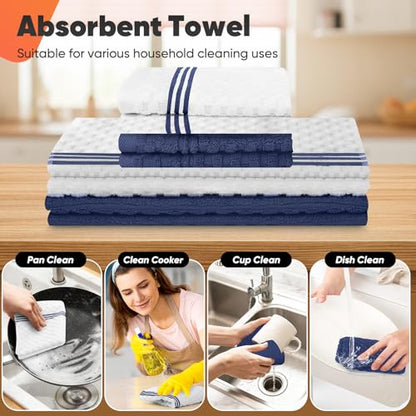 Oven Mitts Kitchen Towels and Dishcloths with Pot Holders Sets, Oven Gloves Hot Pads 500°F Heat Resistant with Silicone Grip, Include 2 Cooking Gloves/2 Potholders/4 Kitchen Towels/4 Dish Towels - color: Marine Blue