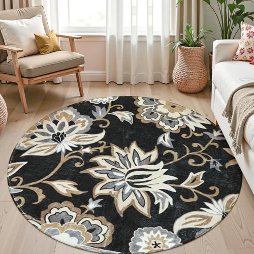 Lahome Floral Black Round Rug - 4Ft Washable Non-Slip Small Round Area Rug Throw Soft Stain Resistant Sofa Living Room Rugs, Paisley Print Accent Distressed Round Carpet for Bedroom Entryway Kitchen - color: 1-black, size: 4' (Round)