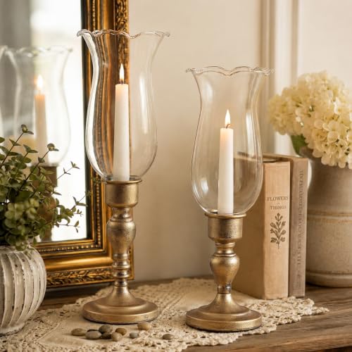 Volens Set of 2 Hurricane Glass Candle Holders with Iron Base & Glass Dome | Vintage Decorative Gold Metal Candlestick Holders for Living Room, Mantle, Table Centerpiece, Home and Outdoor Décor - color: Gold