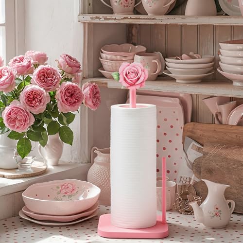 Leinuosen Pink Rose Paper Towel Holder Coquettish Cute Rose Wooden Paper Towel Holder Pink Bathroom Countertop Accessories Kitchen Roll Stand Organizer Standing Apartment Decor Housewarming Gift - style: Pink Roses