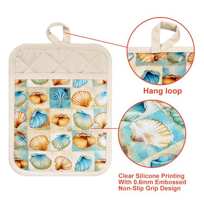 Pot Holders Set of 2 Heat Resistant 480 ℉Non Slip Clear Silicone Printed Comfortable Cotton Lining Kitchen Women Men Cooking Baking Microwave Machine Washable (Shell, Beige potholders) - color: Shell, Beige Potholders