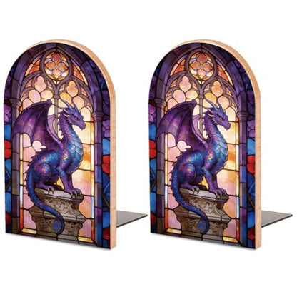 Dragon and Castle Wooden Bookends, Book Ends for Shelves | 1 Pair 5"x3.15" Decorative Wood Book Supports, Cute Shelf Stoppers for Heavy Books, Office Desk, Study Room & Home Decor - style: Dragon and Castle