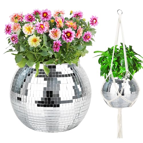 9” Silver Disco Ball Planter with Hanging Rope, Hanging Chain, Hook, Circle | for Decoration - color: 1×9" Silver