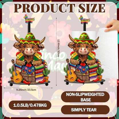 Cinco De Mayo Highland Cow Paper Towel Holder Mexican Taco Fiesta Kitchen Bathroom Decor Rustic Dispenser Kitchen Paper Holder Stand with Round Base for Countertop Toilet Home Accessories - style: Mexican