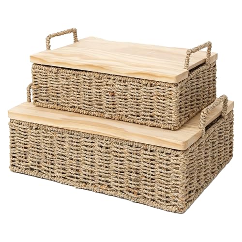 Woven Seagrass Wicker Storage Basket Set of 2 with Wooden Lids | Stackable Basket with Handles, Rectangular Decorative Basket for Shelves Home, Closet & Desktop Organization