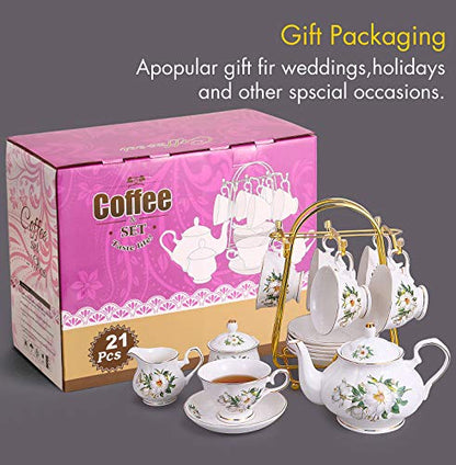 CHENP.HMC Porcelain Tea Cup Set 22-Piece Ceramic Coffee Tea Sets (Camellia) | Cups Saucer Service for 6 Teapot Sugar Bowl Creamer Pitcher and Teaspoons Tea Pot Sets - color: White Green