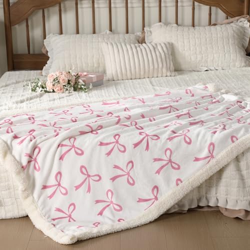 Tegeme Pink Bow Throw Blanket Sherpa Fleece Preppy Coquette Flannel Bow Blanket for Teen Girls Room Back to School Gift White Plush 50" x 60" Aesthetic Soft Bedding for College Dorm Bed Sofa Couch - color: Pink