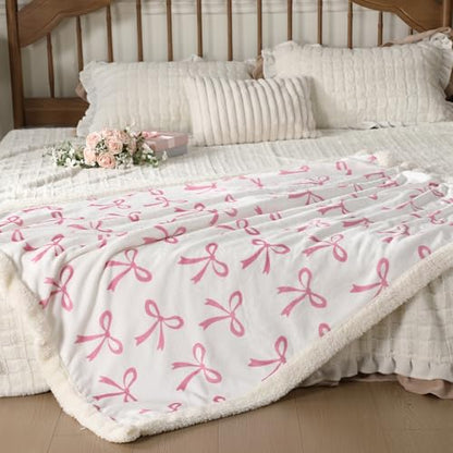 Tegeme Pink Bow Throw Blanket Sherpa Fleece Preppy Coquette Flannel Bow Blanket for Teen Girls Room Back to School Gift White Plush 50" x 60" Aesthetic Soft Bedding for College Dorm Bed Sofa Couch - color: Pink