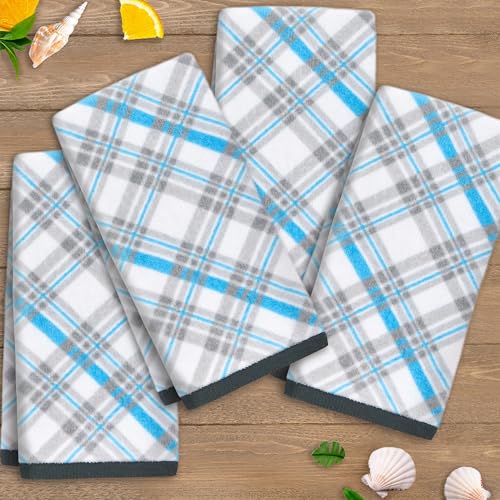 VOOVA & MOVAS Checkered Kitchen & Bathroom Towels 4PC 15"x25", 100% Cotton | 400GSM Light & Fluffy, Soft Touch, High Absorbency, Trendy Blue and Gray Plaid, Dual Kitchen and Bathroom Application - color: Blue + Gray, size: 4PC Hand Towels