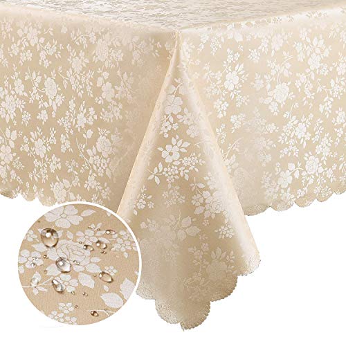 Smiry Rectangle Waterproof Heavy Duty Vinyl Tablecloths, 60 x 120 Inch | Wipeable Washable Floral Embossed Table Cover for Kitchen and Dining Room, Indoor & Outdoor Use, Beige - color: Beige, size: 120" x 60" (Rectangular)