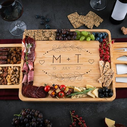 Personalized Charcuterie Board Gifts Set, Custom Engraved Large Bamboo Cheese Platter & Nut Tray, Unique Wedding, Anniversary, Housewarming, Birthday Gift for Couples