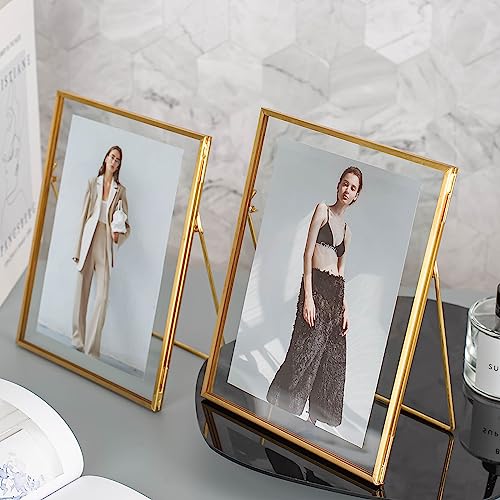 Gold Picture Floating Frame, Set of 2 Pressed Glass Floating Frames, 6 x 8 Standing Gold Picture Frame for 5x7, 4x6, 3x5 Photo Tabletop Display - color: Gold, size: 6x8 inch