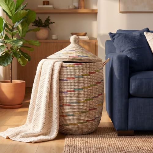 Large Decorative Wicker Storage Basket with Lid, Laundry Hamper, Blanket Storage, Toys Bin, Clothes Holder, Boho Style, 18" Wide, 23" Tall (White Colorful) - color: White Color Swirl