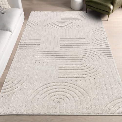 SHACOS Soft Cozy Fluffy Arch Pattern High Low Pile Area Rugs 3'x5' Non Slip Washable Scandinavian Minimalist Rug Modern Geometric Arc Carpet for Living Room Bedroom Dining Room, Beige - color: Beige, size: 3'x5'