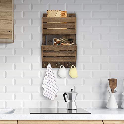 Unistyle Mail Organizer with 4 Hooks, Rustic Brown Wall Mount, Cedar Wood Key Holder for Letters, Magazines, Keys, Dog Leashes - color: Brown