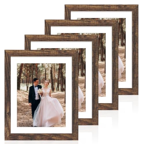 iRahmen 10x12 Picture Frame with Mat 8x10 - High Definition Real Glass Wooden Photo Frames for Tabletop Display and Wall Mounting (Brown, Set of 4) - color: Brown, size: 10X12