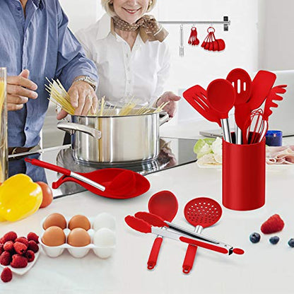 LIANYU 43 Pcs Kitchen Cooking Utensils Set, Silicone Cooking Utensils Spatula Set with Holder, Heat Resistant Kitchen Gadgets Tools for Nonstick Cookware Set, Stainless Steel Handle, Red - color: Red