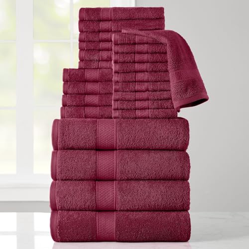 24-Piece Set of Towels, Lightweight 380 GSM Cotton Towels, Quick Drying, Absorbent Hand Towels, Fingertip Towels, Bath Towels, & Washcloths, Burgundy - color: Burgundy