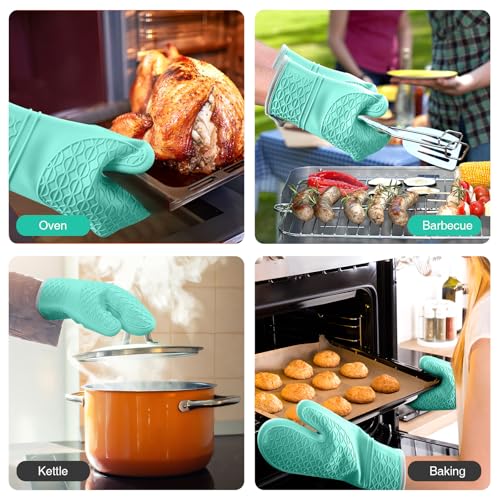 Silicone Oven Mitts, Heat Resistant 2PCS Oven Mitts with Soft Cotton Lining, Waterproof Non-Slip Grip Oven Glove, Kitchen Potholder Mits for BBQ, Baking, Cooking, 12.5 Inch - Green - color: Green