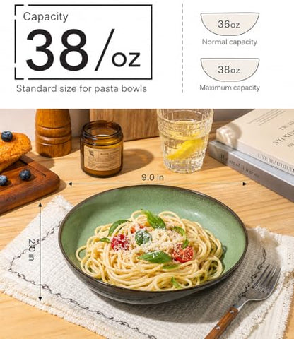 LERATIO 9.0" Ceramic Pasta Bowls Set of 6,38oz Large Stoneware Bowls Set | Reactive Glaze Serving Bowls Set,Wide Bowl for Pasta,Salad,Fruit & Noodles,Housewarming & Wedding Gift-Light Green - color: Light Green, size: Set of 6