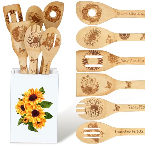 7 Pcs Sunflower Kitchen Utensils Set Bamboo Spoons for Cooking with Utensils Holder Sunflower Kitchen Decor Cute Utensil Caddy Farmhouse Kitchen Counter Decor for Countertop