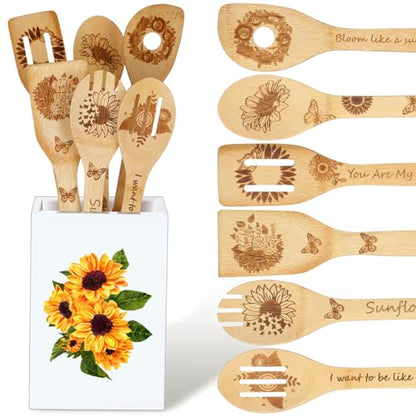 7 Pcs Sunflower Kitchen Utensils Set Bamboo Spoons for Cooking with Utensils Holder Sunflower Kitchen Decor Cute Utensil Caddy Farmhouse Kitchen Counter Decor for Countertop